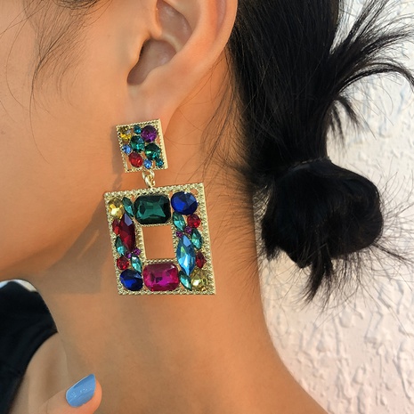 fashion colored diamond square earrings glass diamond earrings geometric hollow retro earrings's discount tags