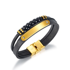 fashion classic round bead stainless steel accessories double-layer personality simple men's leather bracelet