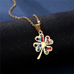 Cross-Border European and American Stainless Steel Pottery Colorful Crystals Necklace Female Fashion and Fully-Jewelled Lucky Four-Leaf Clover Clavicle Necklace Steel Jewelry Wholesale