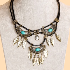 European and American turquoise jewelry clavicle chain alloy leaf black leather rope necklace