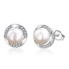 elegant temperament round diamond earrings S925 silver inlaid zircon freshwater pearl earrings