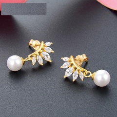 Korean sweet leaf zircon S925 silver gold color inlaid pearl earrings jewelry