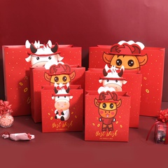 New Year Red Gift Bag Cartoon Year of the Ox Handbag Festive Packaging Bag Business Annual Meeting Portable Paper Bag Spot