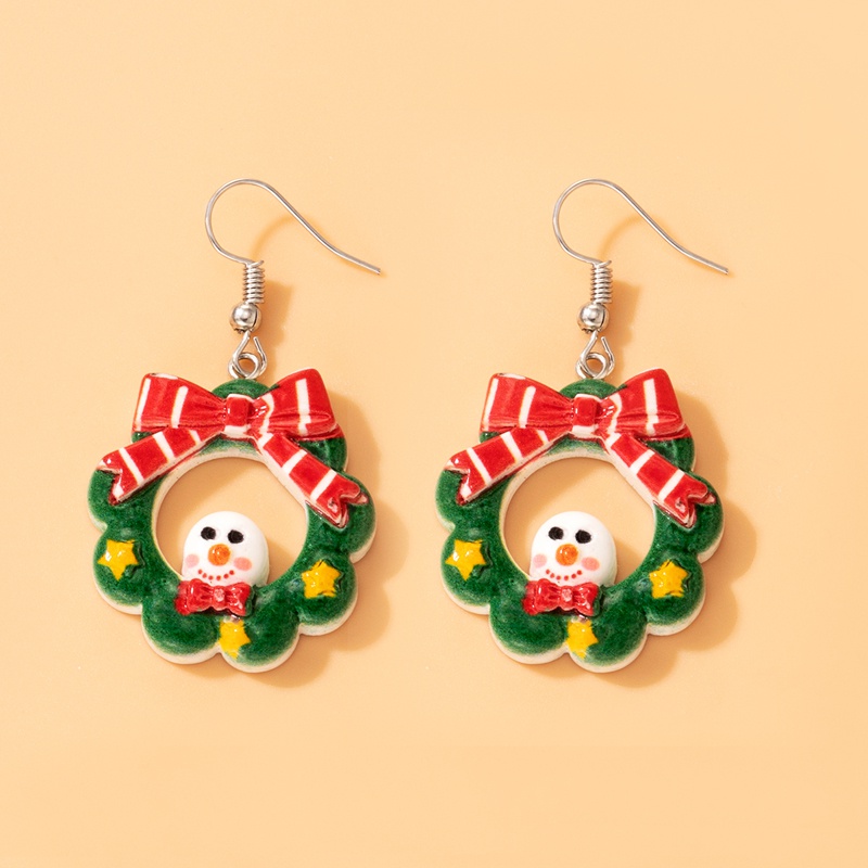 European and American color resin Christmas wreath ear hook snowman bow earrings