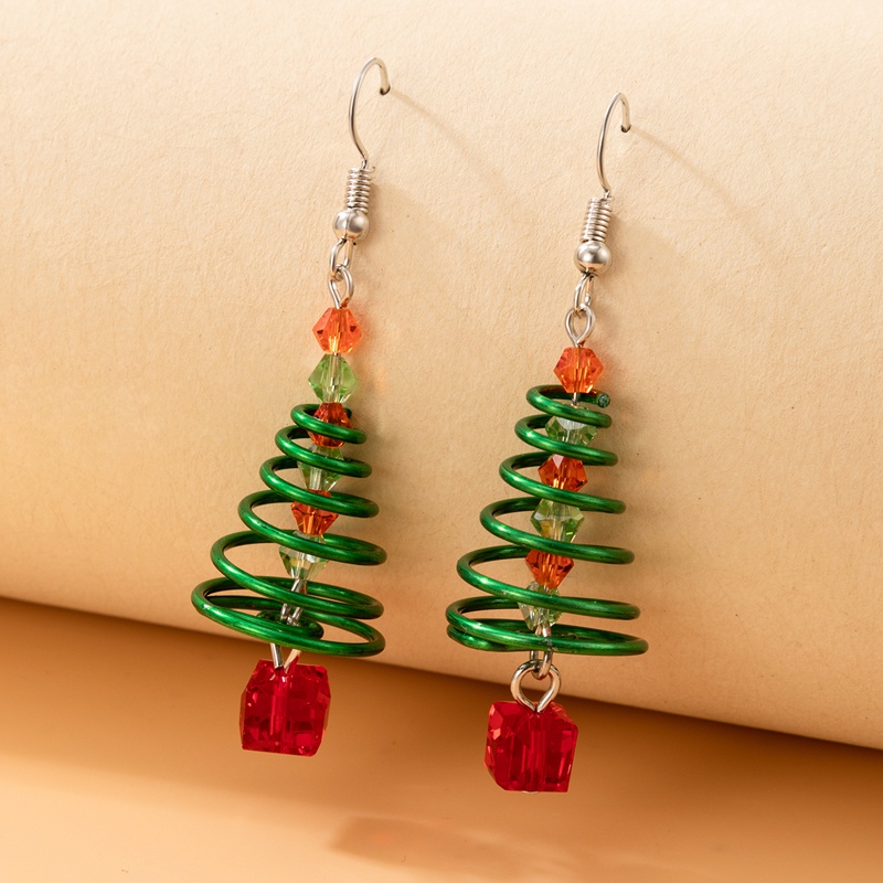 Christmas Day New Green Christmas Tree Spiral Ear Hook Geometric Beaded Pendant Earrings