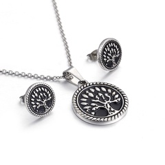 wholesale retro tree of life titanium steel coin round pendant earrings necklace set