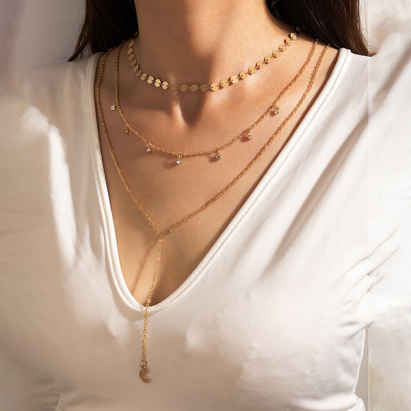 Fashion Simple Jewelry Geometric Circle Rhinestone Tassel Moon Pendant Necklace