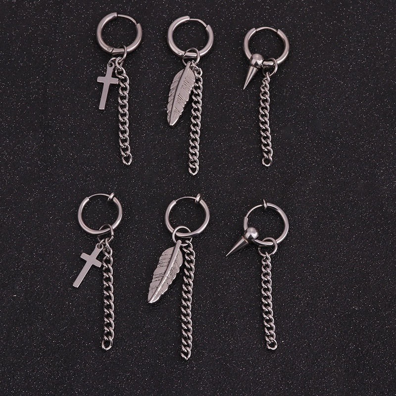 Korean style popular personality stainless steel chain tassel earrings hiphop style mens feather spring nonhole earrings wholesale