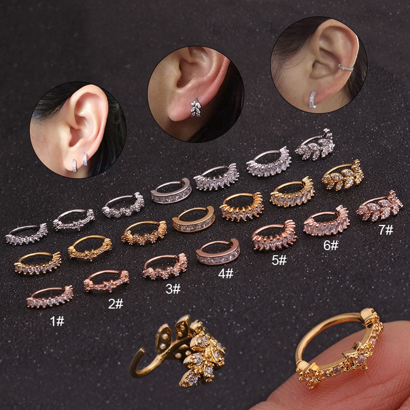 Wish Hot Sale Piercing Jewelry New Copper Ear Bone Stud Micro Inlaid Zircon Nose Ring Leaves Ear Studs CrossBorder ECommerce Supply