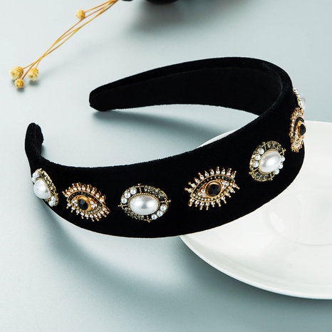 Diadema de perlas de terciopelo con diamantes de imitación de color ojos de demonio exagerados accesorios para el cabello de ala ancha NHLN473688's discount tags