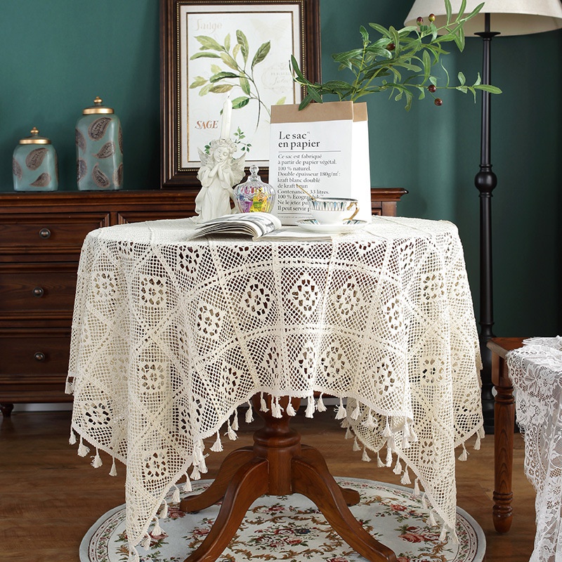 retro knitted hollow round tablecloth beige tassel crochet table mat finished tablecloth