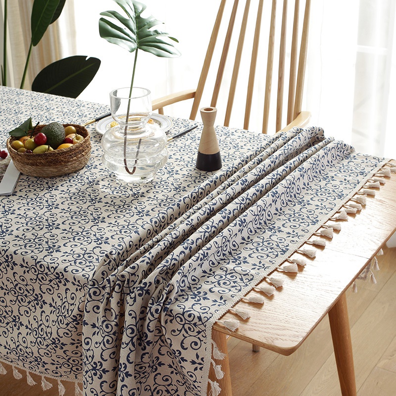 Chinese retro blue and white porcelain cotton and linen tablecloth beige tassel desk tablecloth