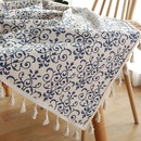 Chinese retro blue and white porcelain cotton and linen tablecloth beige tassel desk tableclothpicture6