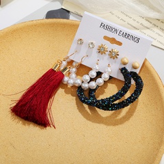 European and American 6 pairs of pearl tassel small daisy sequin frosted ball earrings