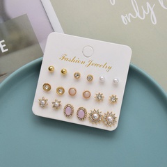 European and American simple alloy pearl diamond geometric round flower sun combination earrings