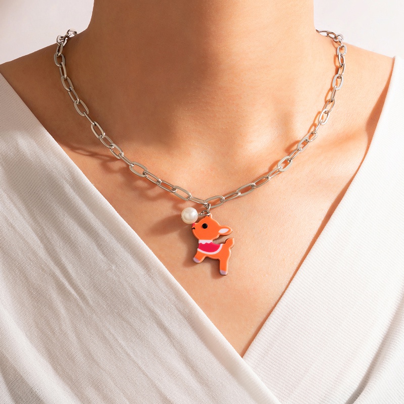 Cute Cartoon Necklace Resin Fawn Pearl Lock SingleLayer Clavicle Chain
