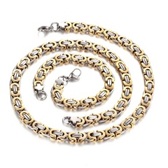Men's Titanium Steel Jewelry Flat Gold Link Chain Necklace Bracelet Set Wholesale