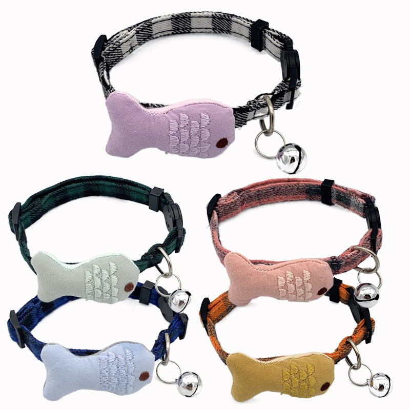 Amazon New Fish Plaid Collar Pet Bell Collar Bow Patch Cat Buckle Cat Dog Collar