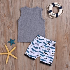 Fashion baby boy children's clothing gray cartoon letter vest sleeveless whale shorts two-piece suit