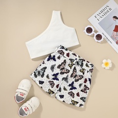2021 pantalones cortos europeos y americanos de dos piezas conjunto de niñas de moda de mariposa de estampado Floral de hombro traje superior ropa de verano para niños