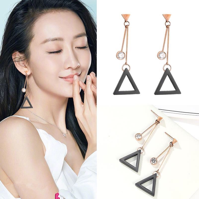 Womens Titanium Steel Triangle Diamond Pendent Earrings Wholesale
