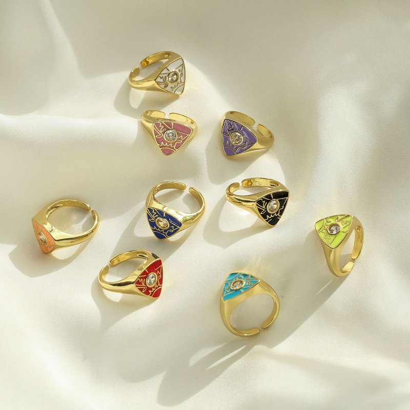 Hecheng Ornament Dripping Oil Triangle Pattern MicroInlaid Zircon Ring Open Ring Color Ring Vj303