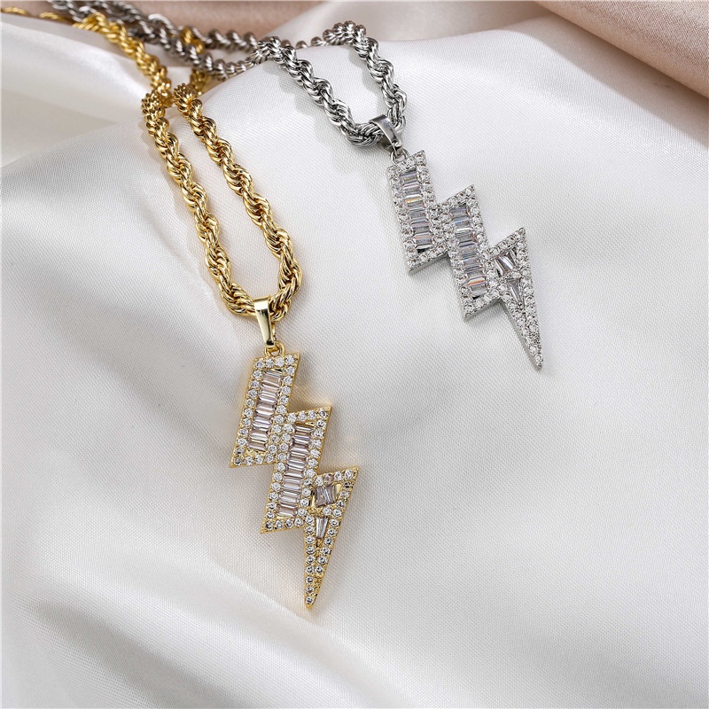 micro inlaid full diamond zircon lightning pendent twist stainless steel necklace wholesale