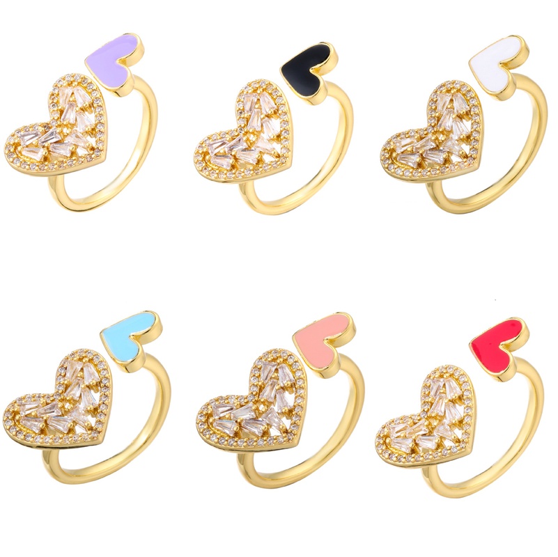 Drop Oil Nectarine Heart Open Ring Microinlaid Zircon Love Heart Adjustable Jewelry Ring