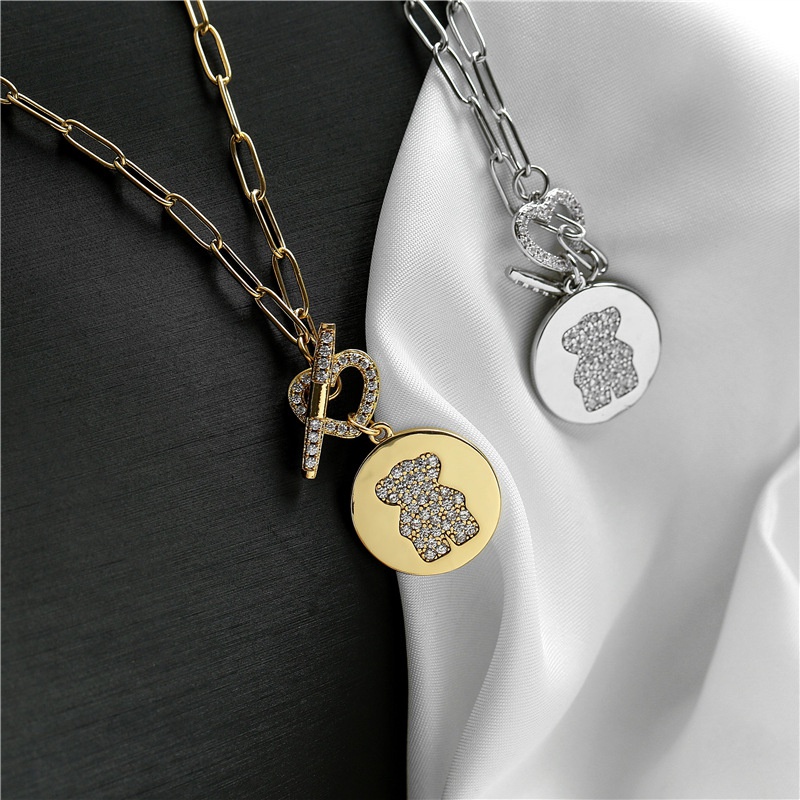 Heart OT Buckle Creative Bear Microinlaid Zircon 18K Gold Electroplating Color Preserving Necklace