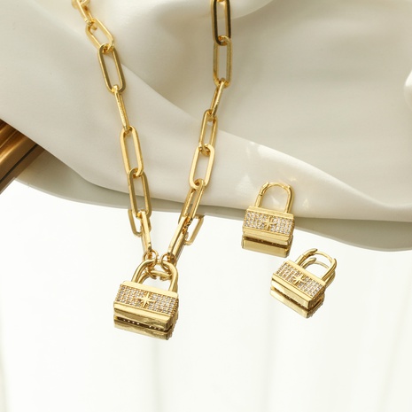 fashion copper micro-inlaid zircon lock-shaped pendent necklace earrings wholesale's discount tags
