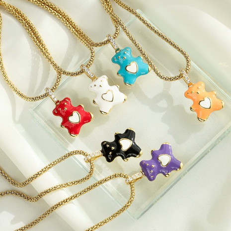 Hecheng Ornament Colorful Oil Necklace Heart Bear Necklace Teddy Bear Pendant Necklace Cross-Border Sold Jewelry Ornament Vd1010's discount tags