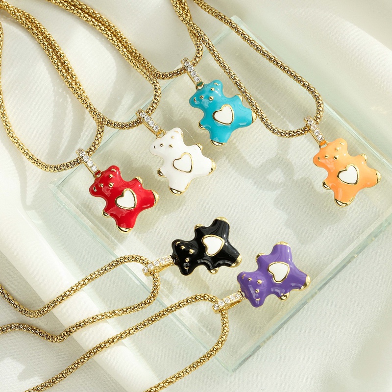 Hecheng Ornament Colorful Oil Necklace Heart Bear Necklace Teddy Bear Pendant Necklace CrossBorder Sold Jewelry Ornament Vd1010