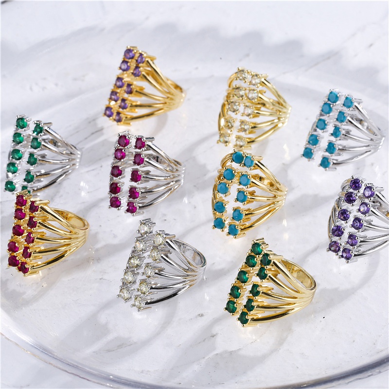 microinlaid color diamond row diamond ring opening adjustable exaggerated jewelry accessories