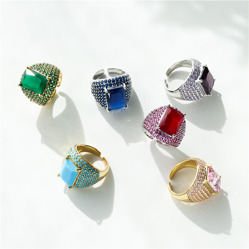 Hecheng Ornament MicroInlaid Colorful Crystals Square Zircon Ring Exaggerated Western Style Open Ring Vj275
