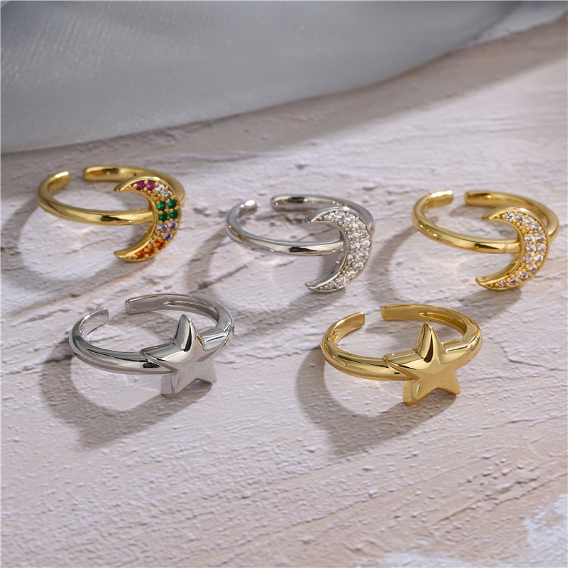 microinlaid zircon color diamond moon ring smooth star ring fashion open ring