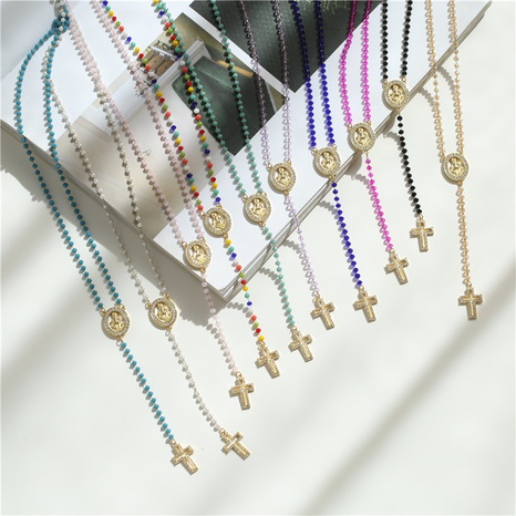 Colored Stone Virgin Mary Necklace Stainless Steel Plated 18K Color Preserving's discount tags