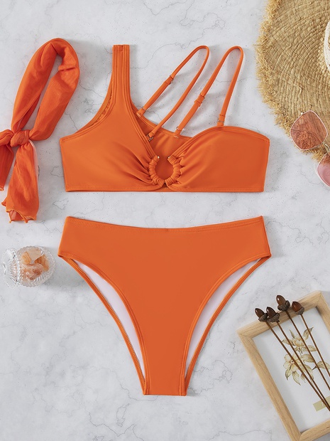 Europe and America solid color high waist three-piece swimsuit bikini's discount tags