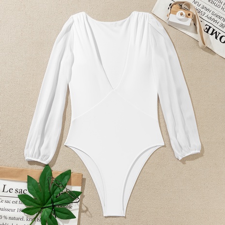 2021 Solid Color Sexy Siamese Deep V Bikini European and American EBay Hot Selling Mesh Long Sleeve Swimsuit's discount tags