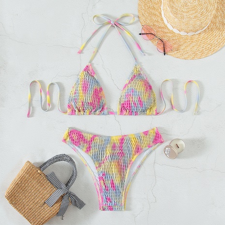 sexy mehrfarbiger Riemchen-Triangel-Bikini für Europa und Amerika geteilte zweiteilige Strandbadebekleidung's discount tags