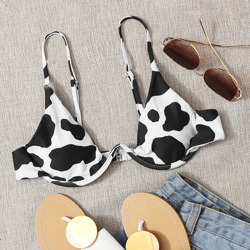 2022 New Unlined Top Cow Print Swimsuit Womens European and American OnePiece Steel Support Bikini CrossBorder Split Bikini