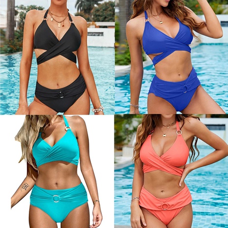 new solid color bikini sexy bowknot halter two-piece swimsuit solid color swimsuit NHHL475903's discount tags