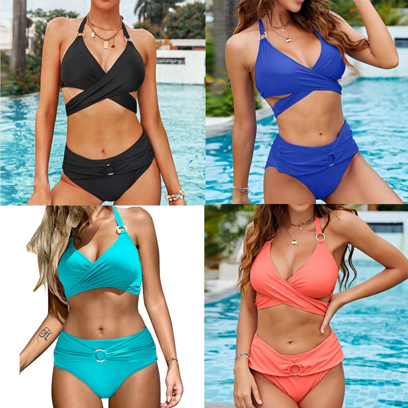 new solid color bikini sexy bowknot halter twopiece swimsuit solid color swimsuit