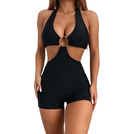 New Halter Neck Sexy Bikini Solid Color Printed Metal Ring Hollow Swimsuit NHHL475911's discount tags