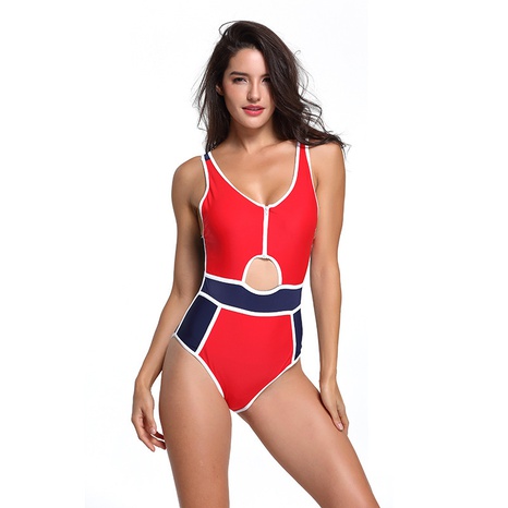 new European and American sexy solid color stitching one-piece swimsuit  NHHL475936's discount tags