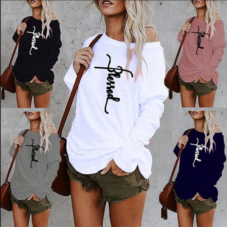 autumn and winter new round neck long-sleeved top casual off-shoulder printed loose t-shirt's discount tags