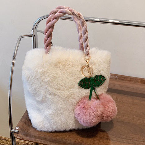 Cute plush chain messenger bag 2021 new autumn and winter fashion portable bucket bag's discount tags