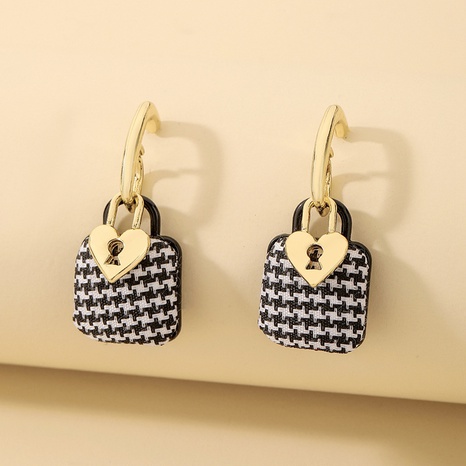 925 Silver Needle Black and White Houndstooth Pattern Bag Small Lock Earrings European and American Ins Fashion Creative and Elegant Vintage Earrings Women's discount tags