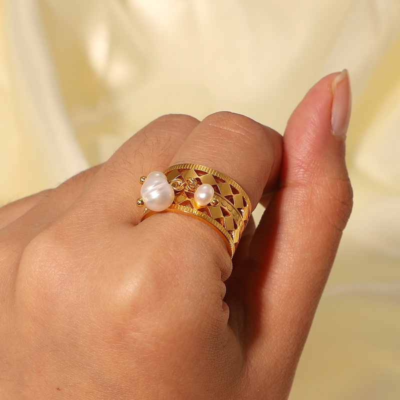 Geometric Same Ring 18K Gold Stainless Steel Three Pearl Hollow Open Ring