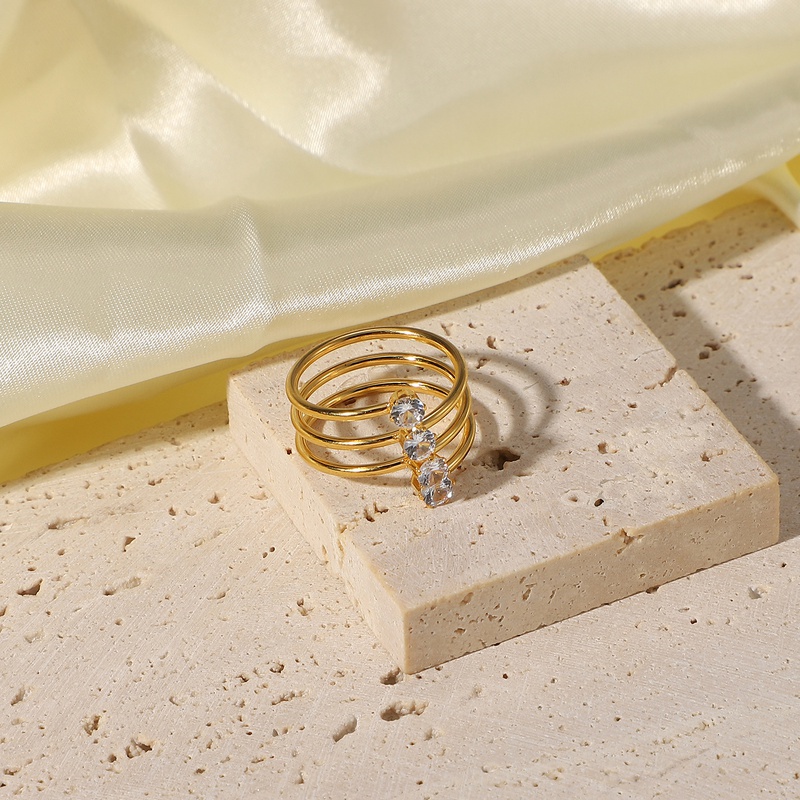 European and American white zirconium 4 diamond open 18K goldplated stainless steel ring jewelry