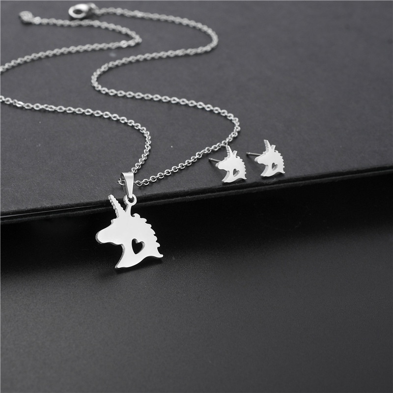 Stainless steel unicorn necklace earrings set